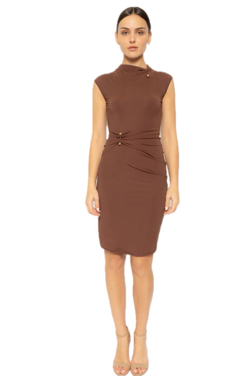 Ruched brown and gold medal detail midi dress