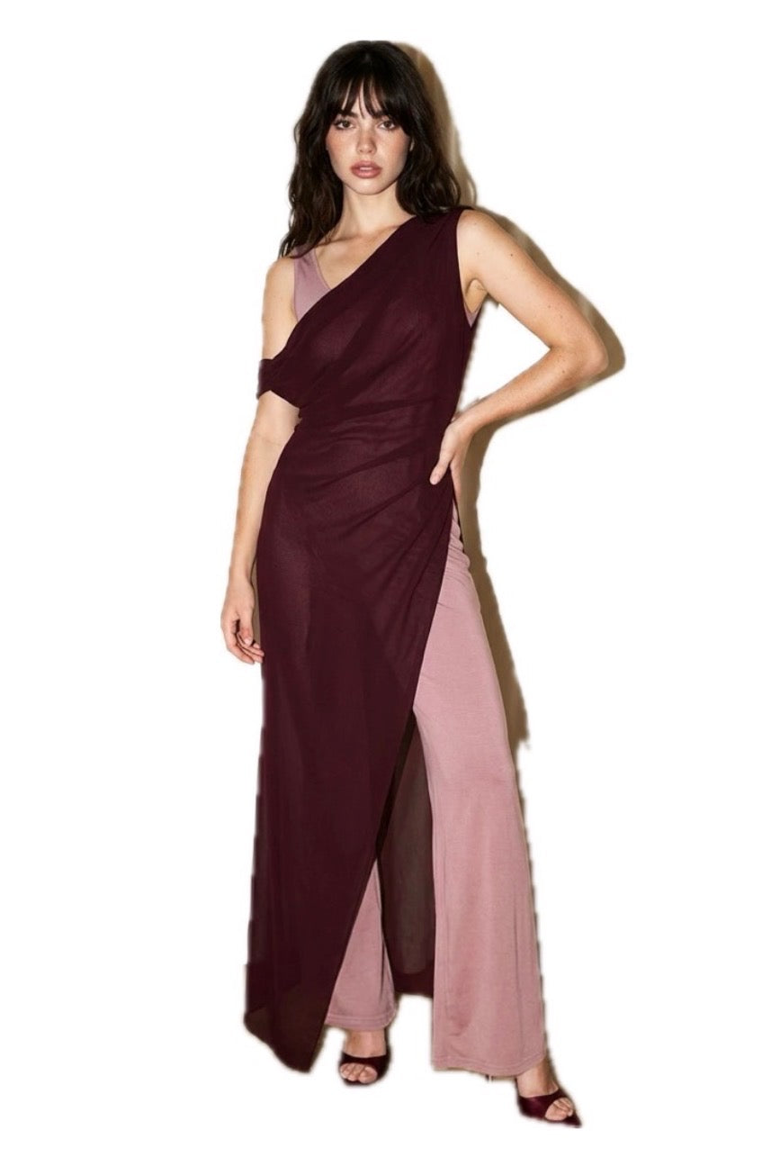 Sheer Overlay Dress and Wide-Leg Jumpsuit Set