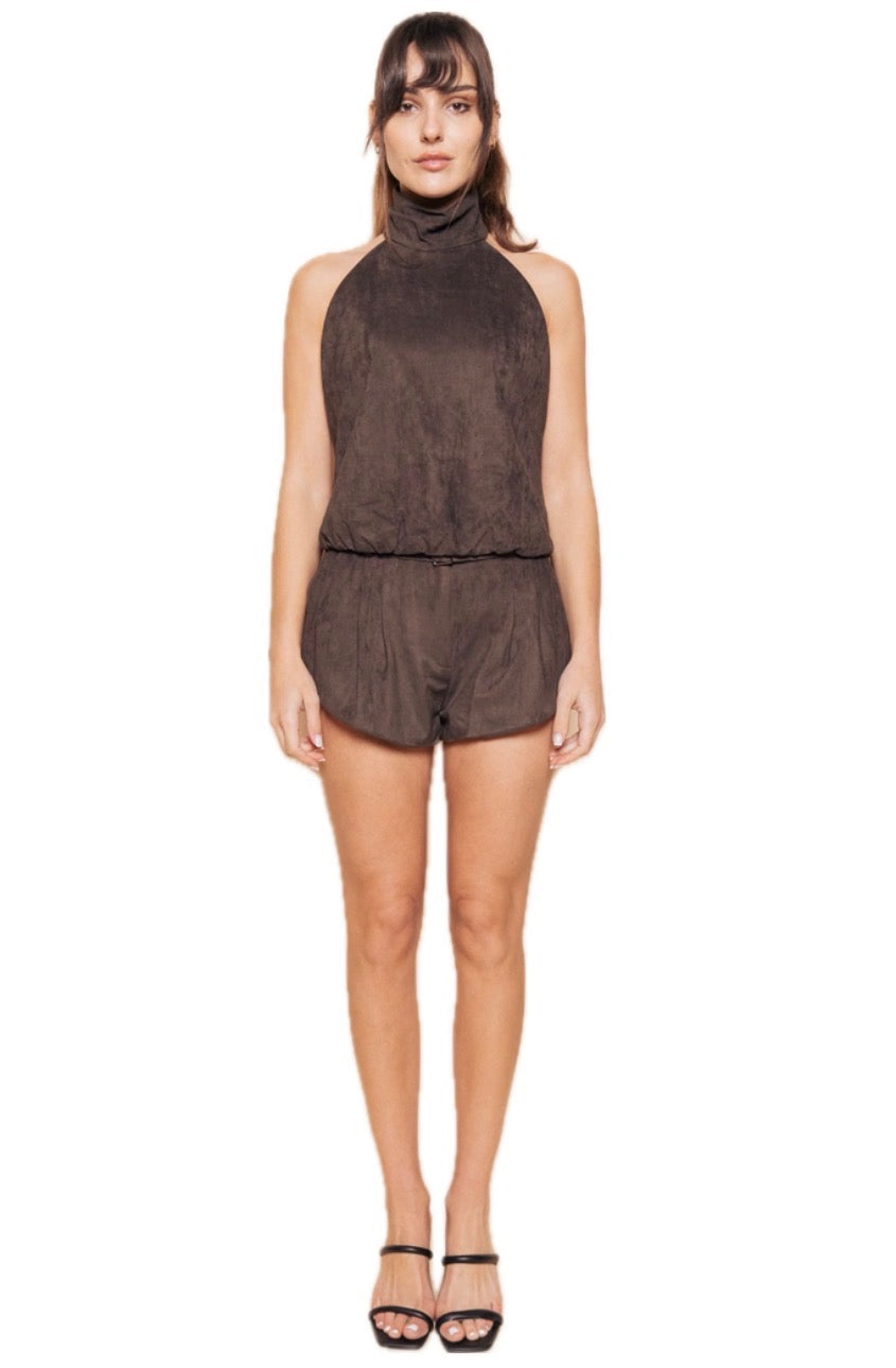 Dark Brown Self Belted Suede Bubble Shorts