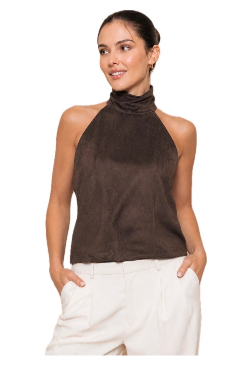 Dark Brown Halter Back Sleeveless Suede Bubble Top