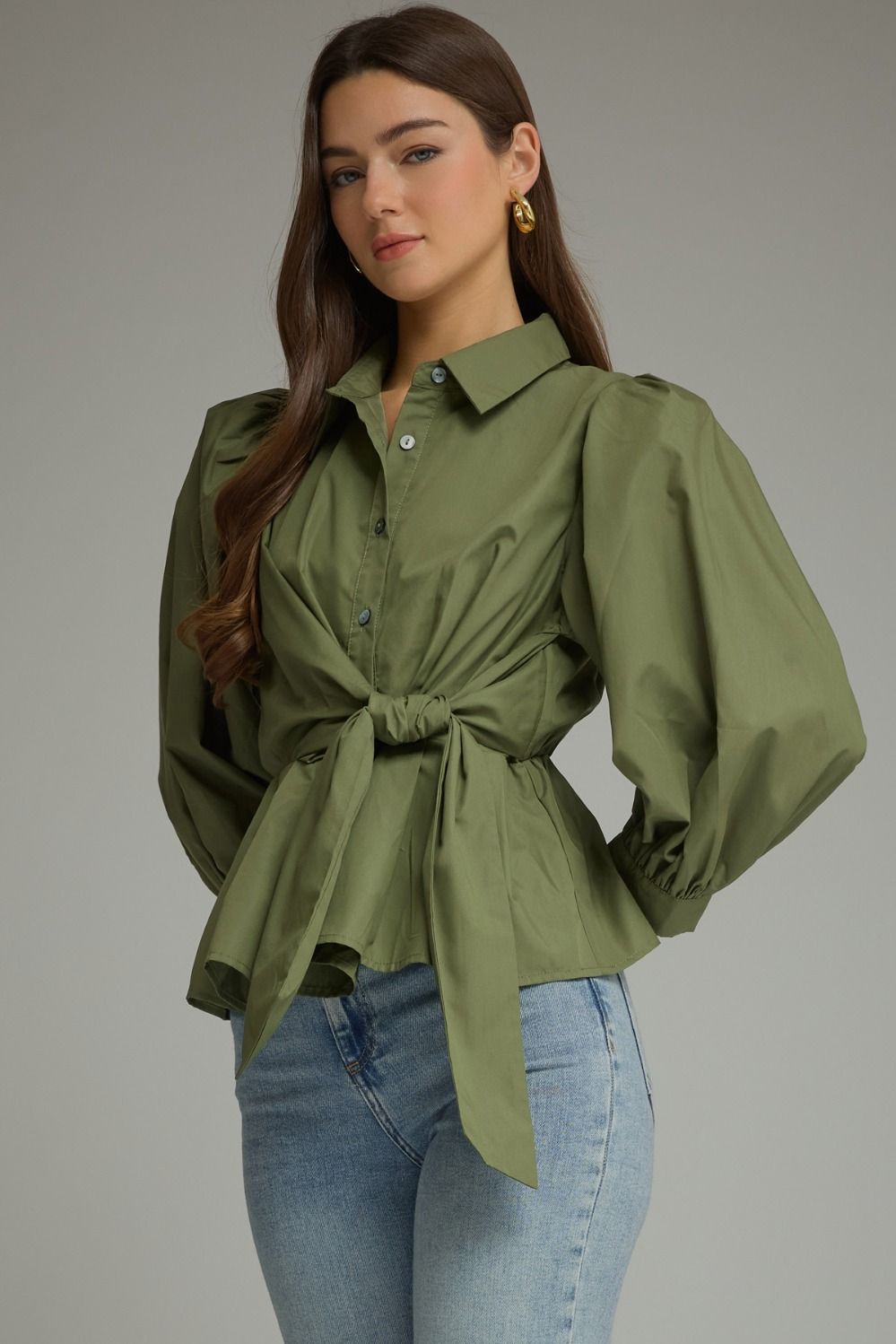Green Tie Front Blouse