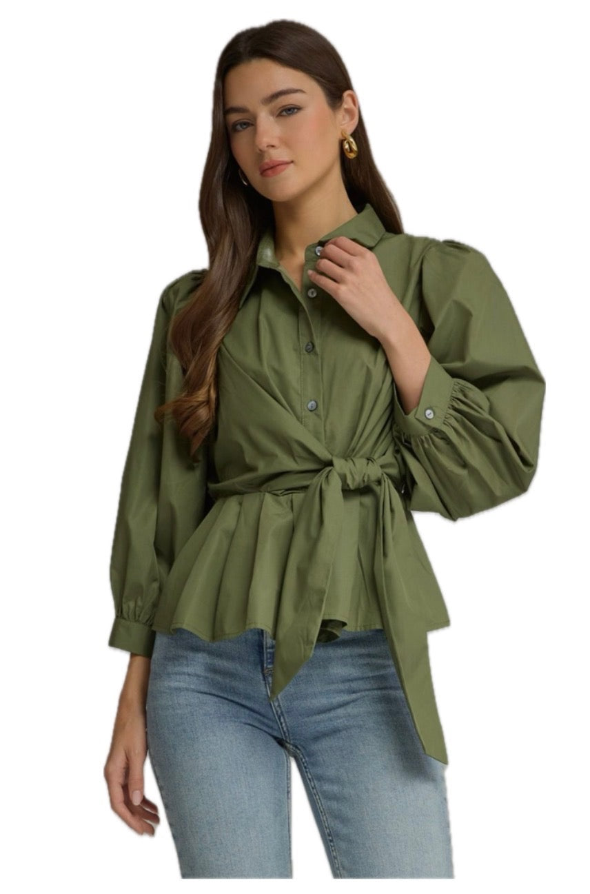 Green Tie Front Blouse