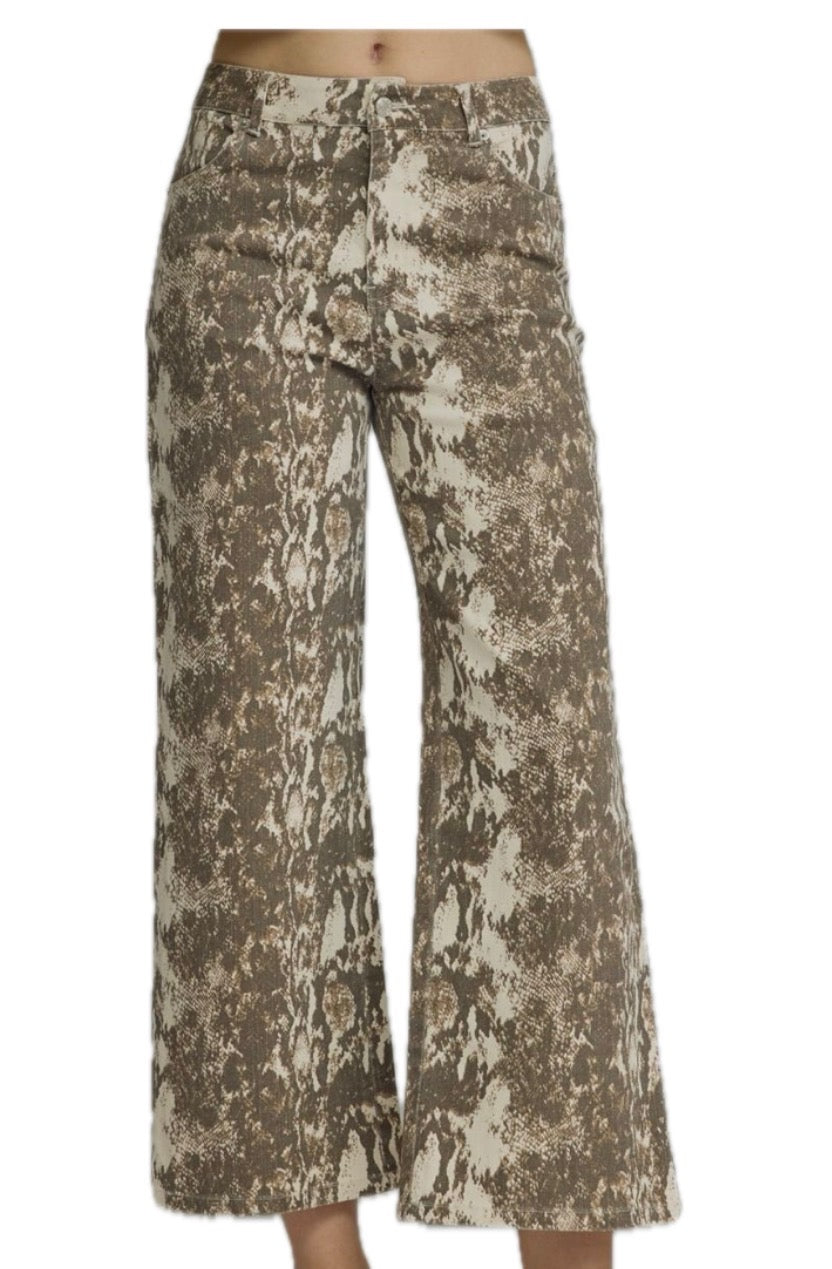 Snake print cropped wide leg pants