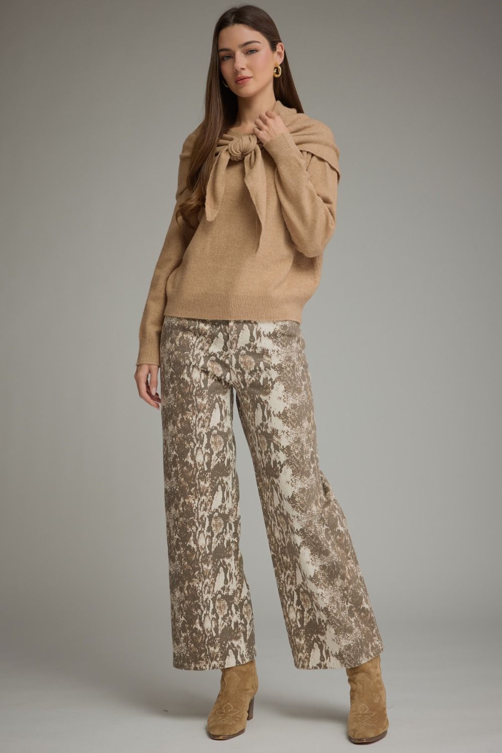Taupe sweater with self tie scarf
