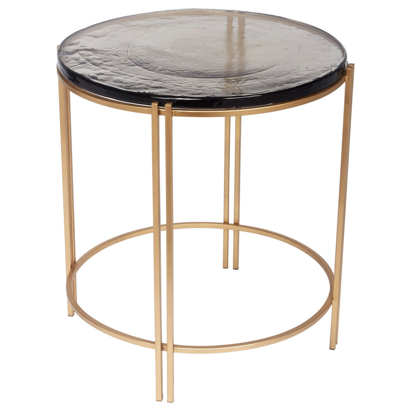 IVAN GOLD SIDE TABLE WITH THICK RECYCLED GLASS TOPS – IMPERFECTIONS IN THE GLASS SHOULD BE EXPECTED