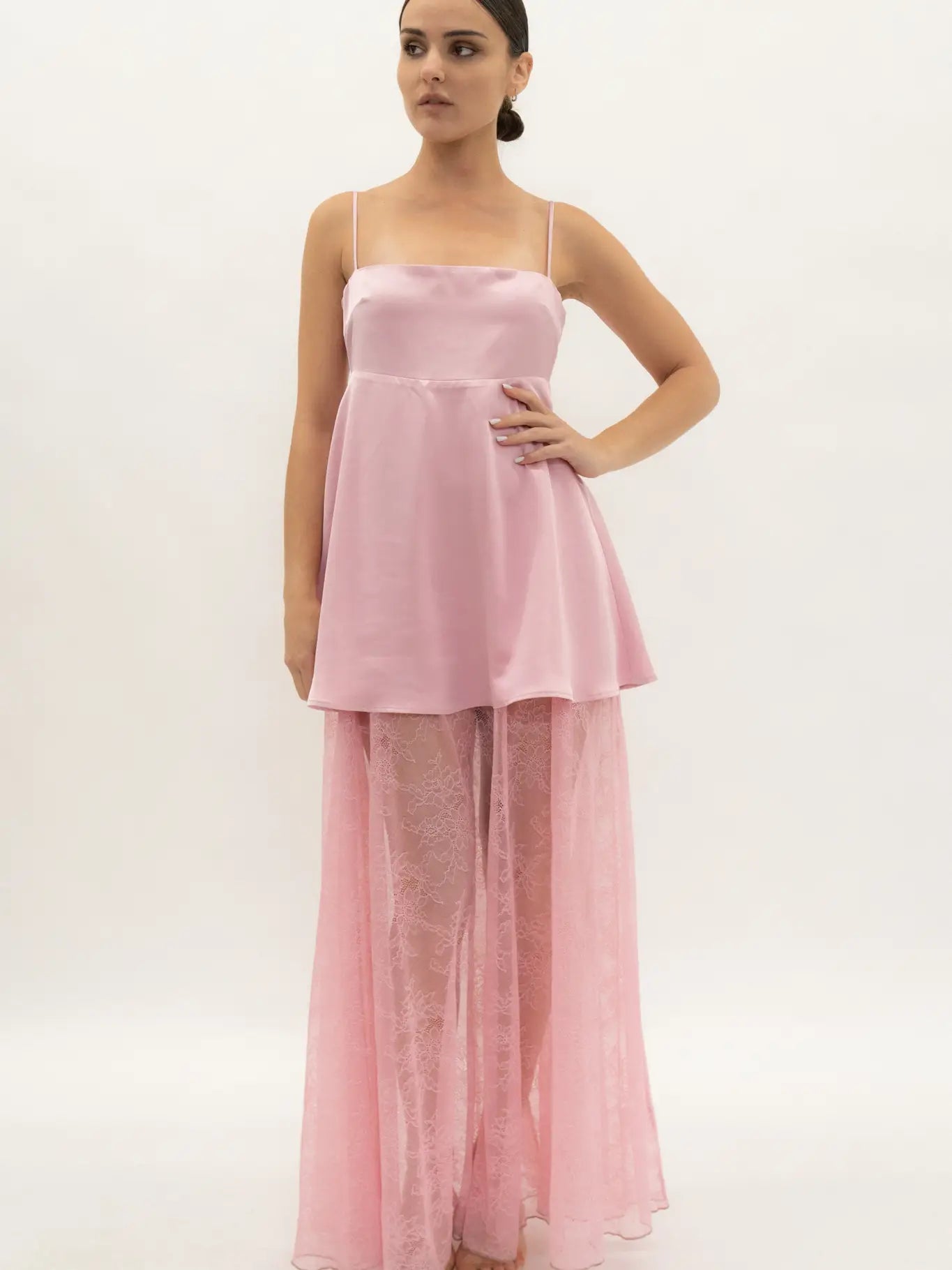 Contrast Lace Skirt and Satin Maxi Dress