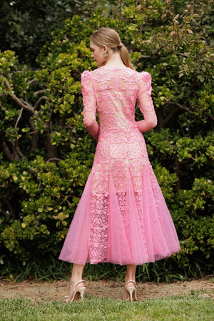 LD1033 Pink Cord Lace Maxi Dress: L / Barbie Pink