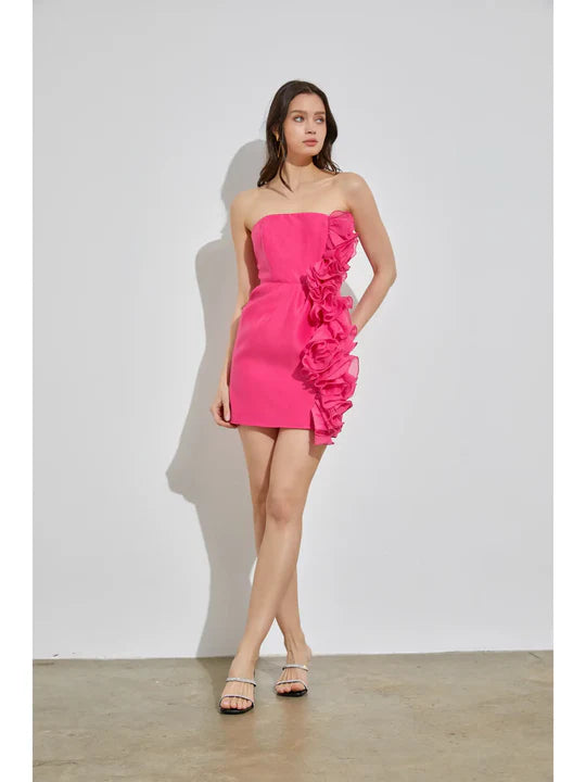 Ruffle Strapless Hot Pink Mini Dress