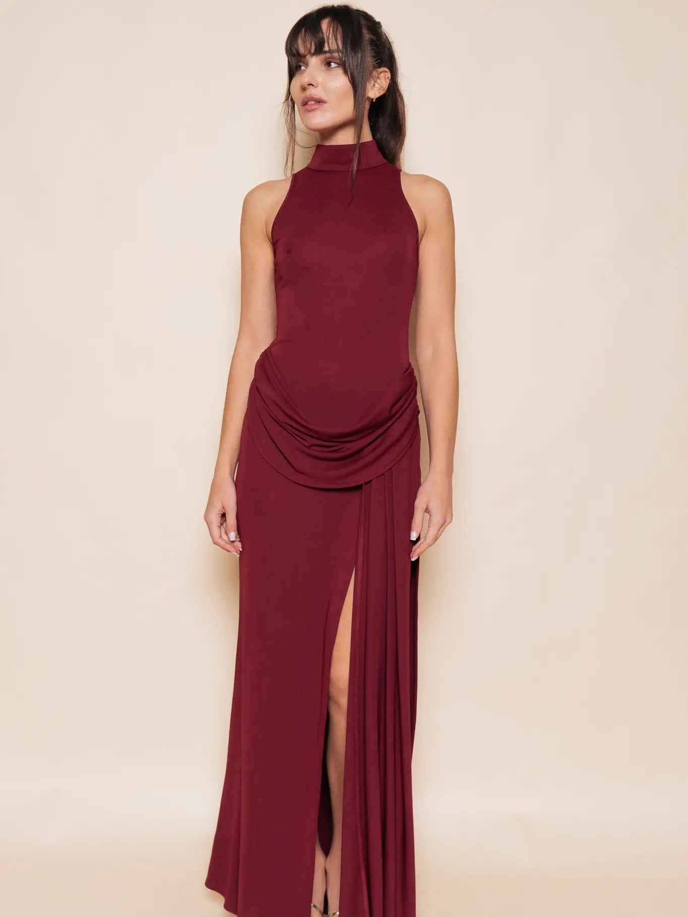 BESTSELLER High Neck Burgundy Maxi Dress with slit