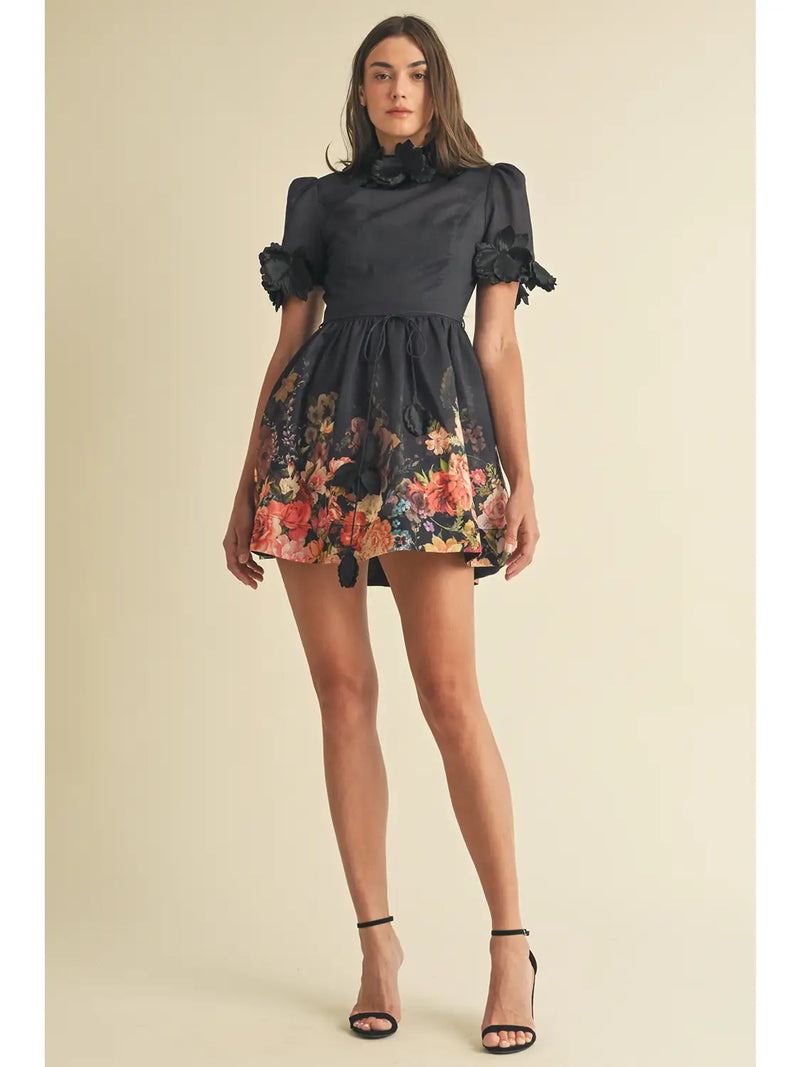 Black Floral Puff Sleeve Dress