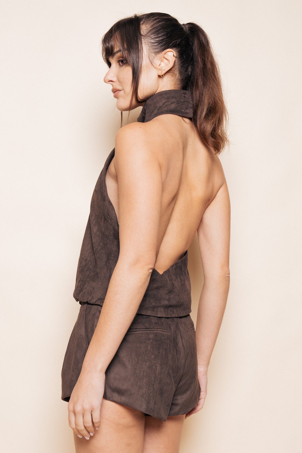 Dark Brown Self Belted Suede Bubble Shorts