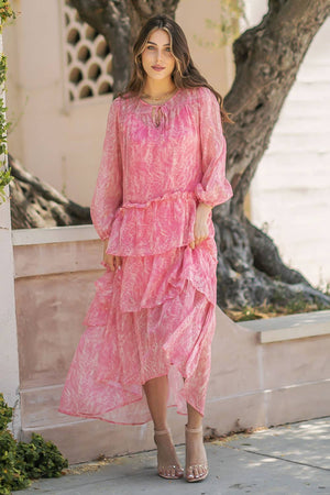 Tiered Long Sleeve Print Midi Dress: S / Pink