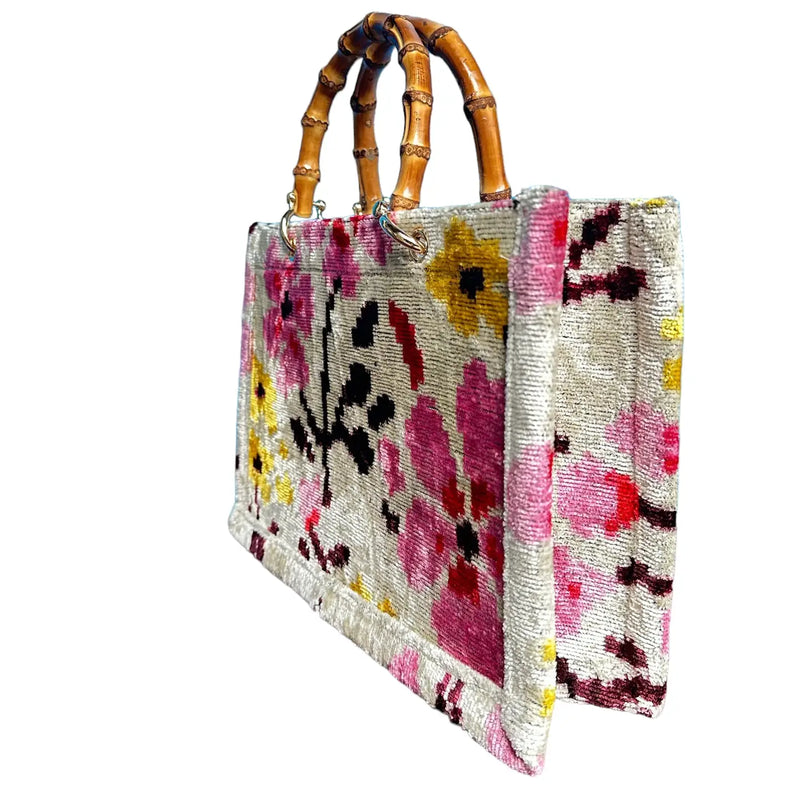 Silk Pink and White Small tote with bamboo handle