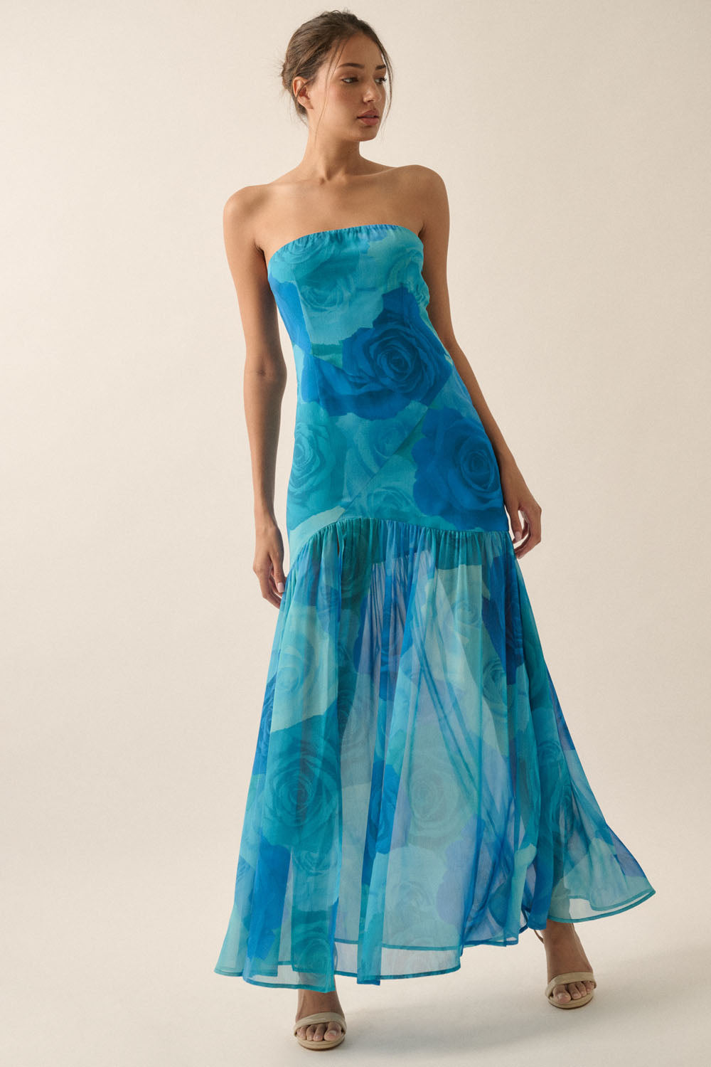Blue Floral Strapless Midi