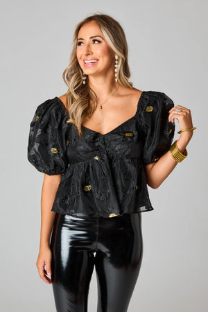 Black and Gold Puff sleeve blouse