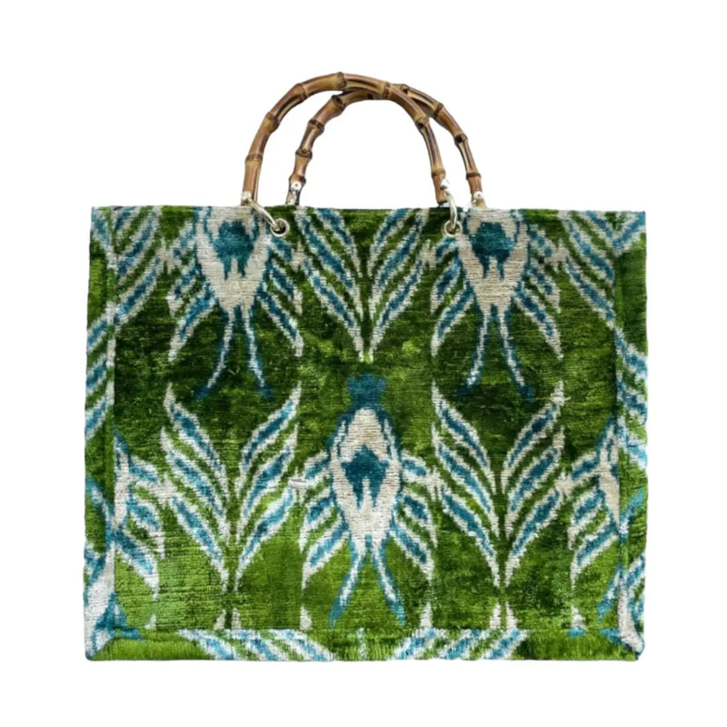 Silk Green and Blue Tote with Bamboo handle