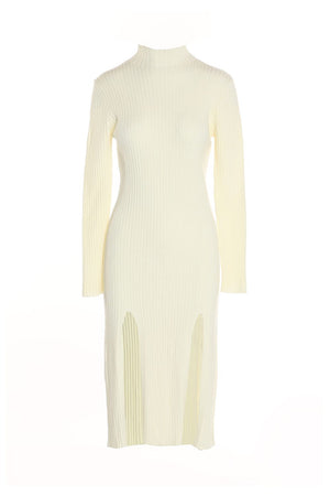 Ivory Turtle Neck Knitted Long Dress with Double Slit