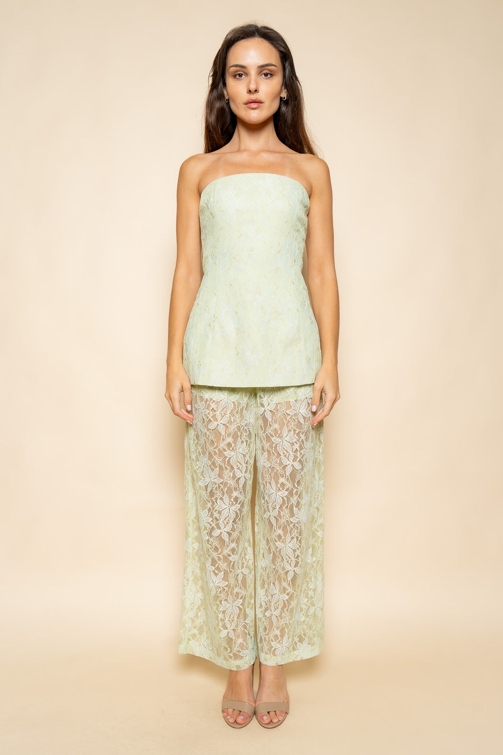 Lace Strapless Top and Sheer Pant Set