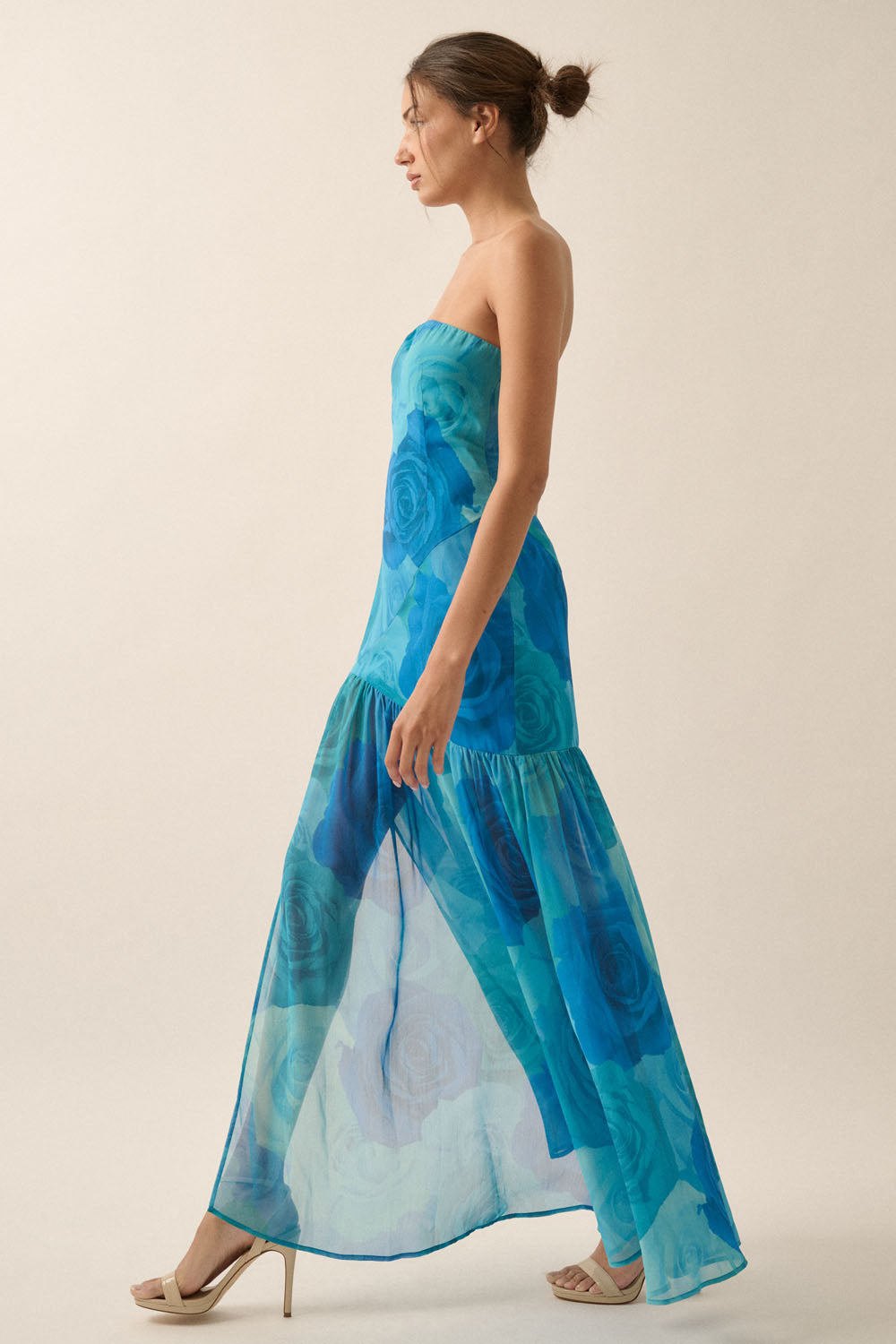 Blue Floral Strapless Midi