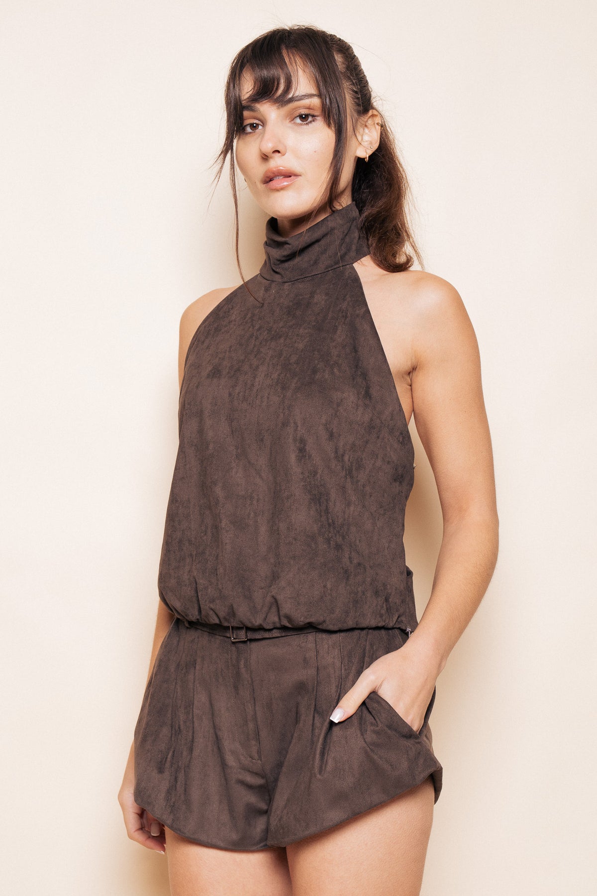 Dark Brown Halter Back Sleeveless Suede Bubble Top