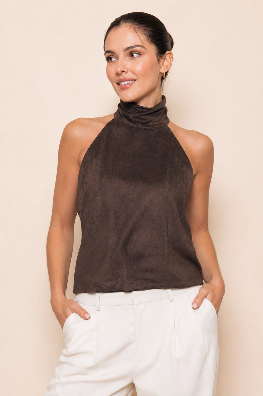 Dark Brown Halter Back Sleeveless Suede Bubble Top