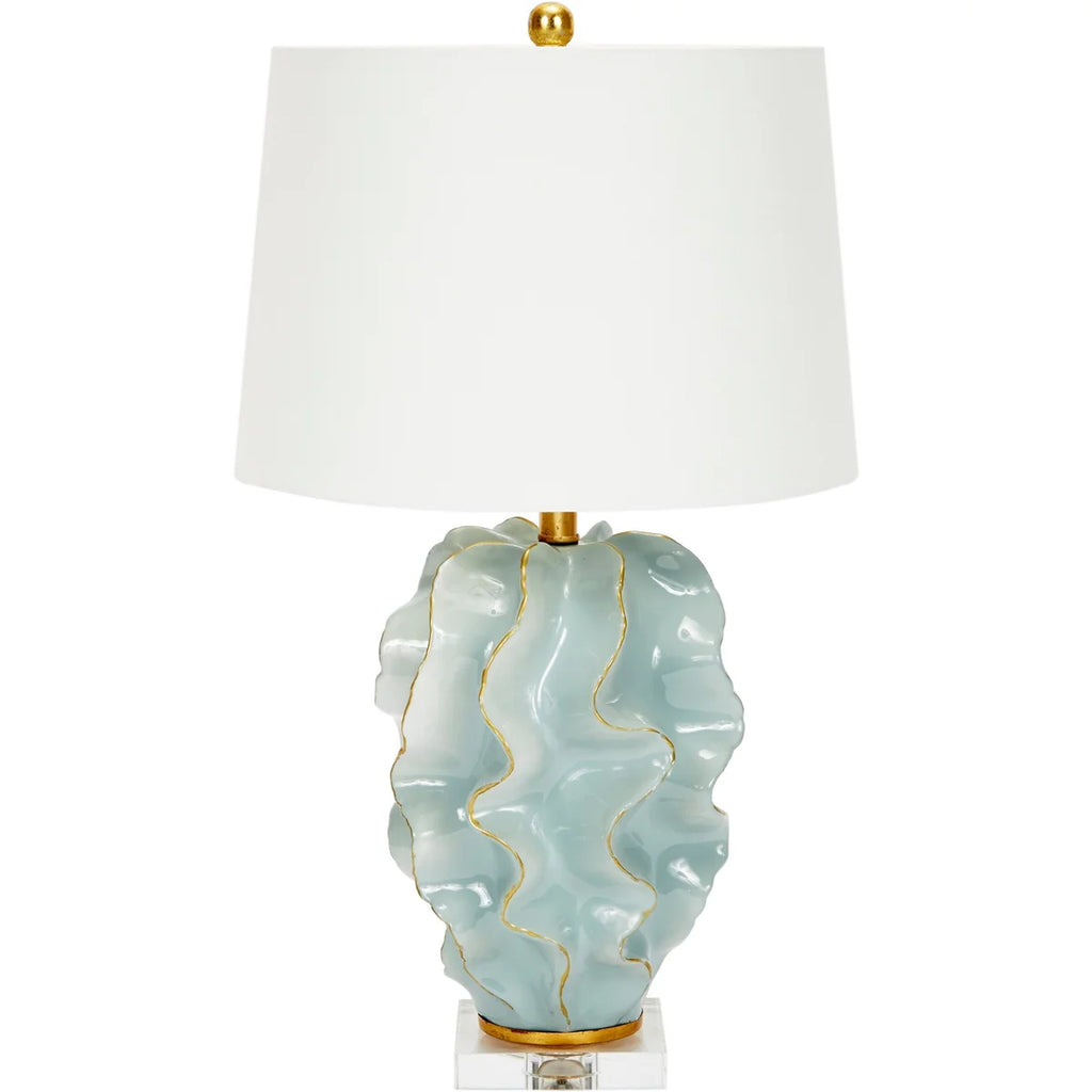 HANNAH BLUE CERAMIC WAVE LAMP WITH GOLD ACCENTS & WHITE LINEN SHADE