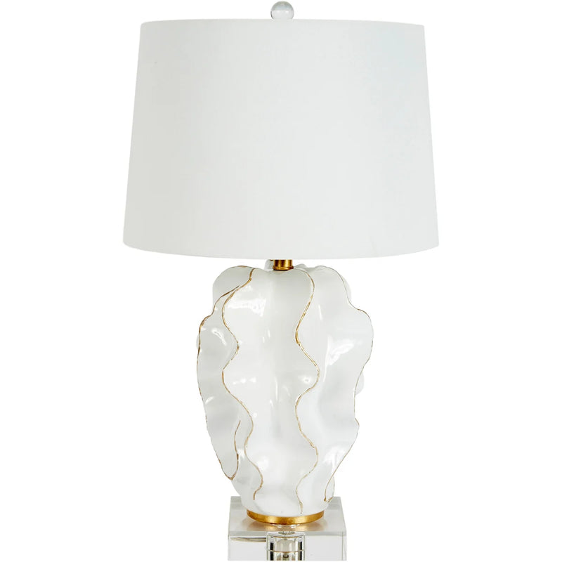 HANNAH WHITE CERAMIC WAVE LAMP WITH GOLD ACCENTS & WHITE LINEN SHADE