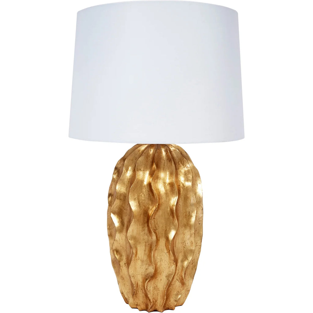 LARGE STANTON GOLD LEAF WAVE TABLE LAMP WITH WHITE LINEN SHADE