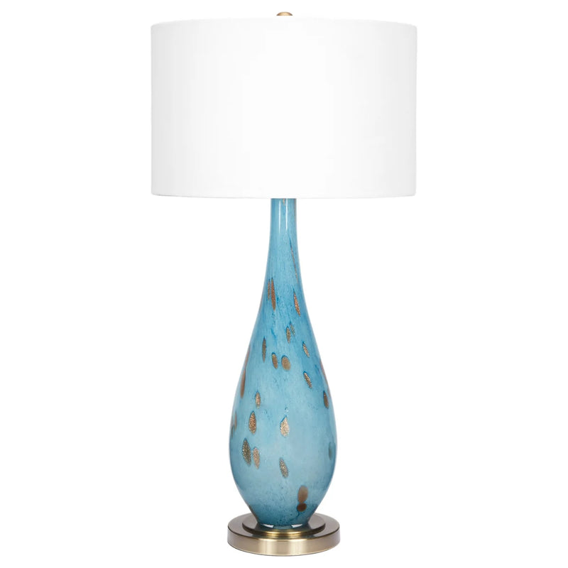 JUNO LIGHT BLUE & GOLD HANDBLOWN GLASS LAMP WITH WHITE LINEN SHADE