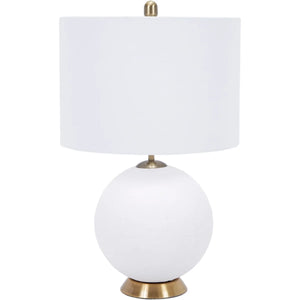 TILLY WHITE CEMENT BALL LAMP WITH BRASS BASE & WHITE LINEN SHADE