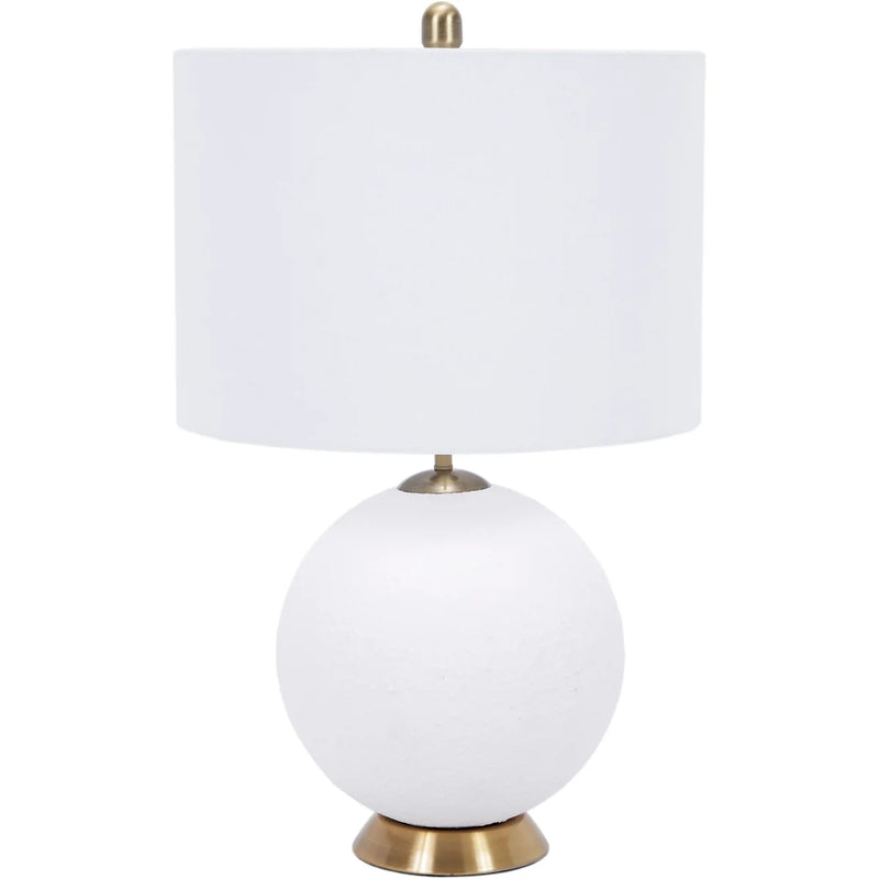 TILLY WHITE CEMENT BALL LAMP WITH BRASS BASE & WHITE LINEN SHADE