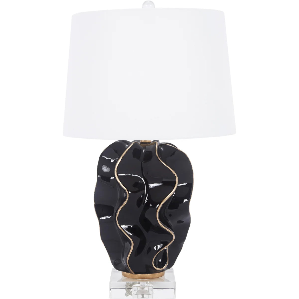 HANNAH BLACK CERAMIC WAVE LAMP WITH GOLD ACCENTS & WHITE LINEN SHADE –  Indigo Boutique