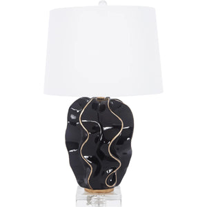 HANNAH BLACK CERAMIC WAVE LAMP WITH GOLD ACCENTS & WHITE LINEN SHADE