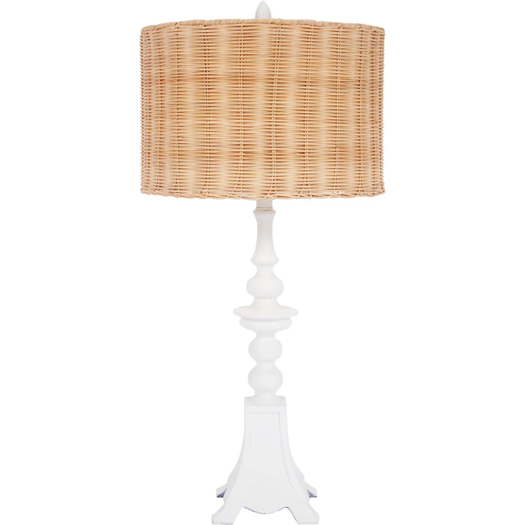 PENNY WHITE GESSO TABLE LAMP WITH NATURAL RATTAN SHADE
