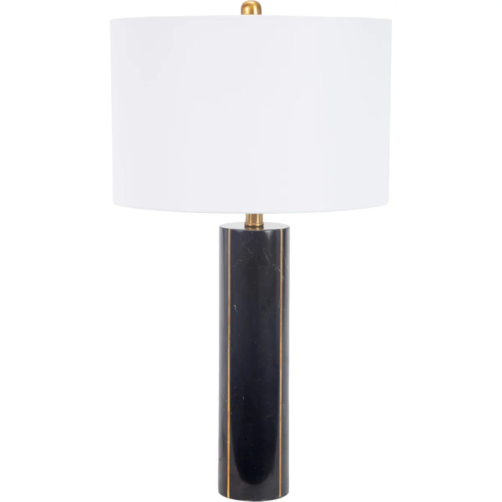 BLACK MARBLE HAYNES LAMP WITH BRASS INLAY & WHITE LINEN SHADE
