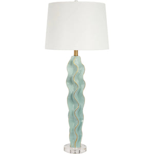 CELADON HANNAH CERAMIC WAVE BUFFET LAMP WITH GOLD ACCENTS & WHITE LINEN SHADE, OWD-7530