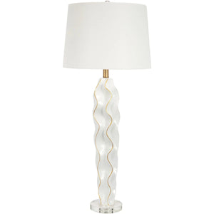 WHITE HANNAH CERAMIC WAVE BUFFET LAMP WITH GOLD ACCENTS & WHITE LINEN SHADE, OWD-7530