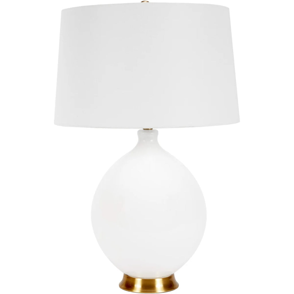 WESTON LARGE ROUND WHITE GLASS LAMP WITH WHITE LINEN SHADE