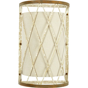 OPEN WEAVE FRENCH WHITE & GOLD SCONCE WITH LINEN SHADE