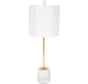 SCOUT HEXAGONAL WHITE MARBLE BUFFET LAMP WITH WHITE LINEN SHADE