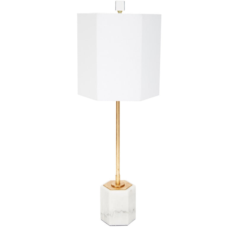 SCOUT HEXAGONAL WHITE MARBLE BUFFET LAMP WITH WHITE LINEN SHADE