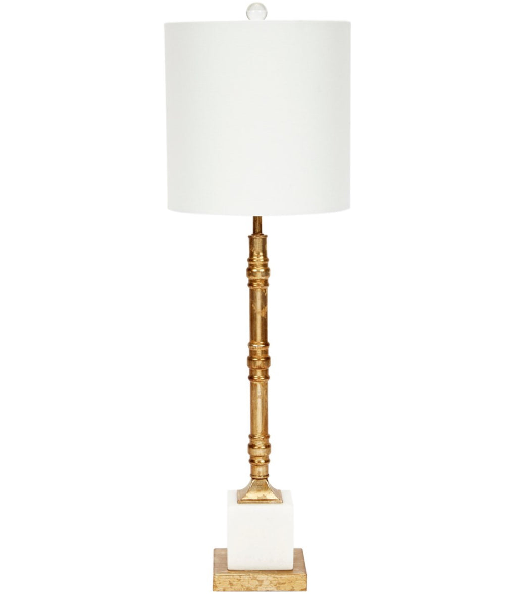 CARSON AGED GOLD METAL LAMP WITH WHITE MARBLE BASE & WHITE LINEN SHADE