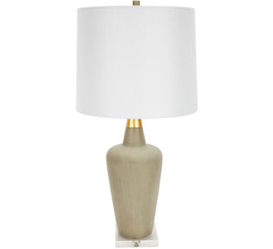 KARA CEMENT LAMP WITH GOLD ACCENT & WHITE LINEN SHADE