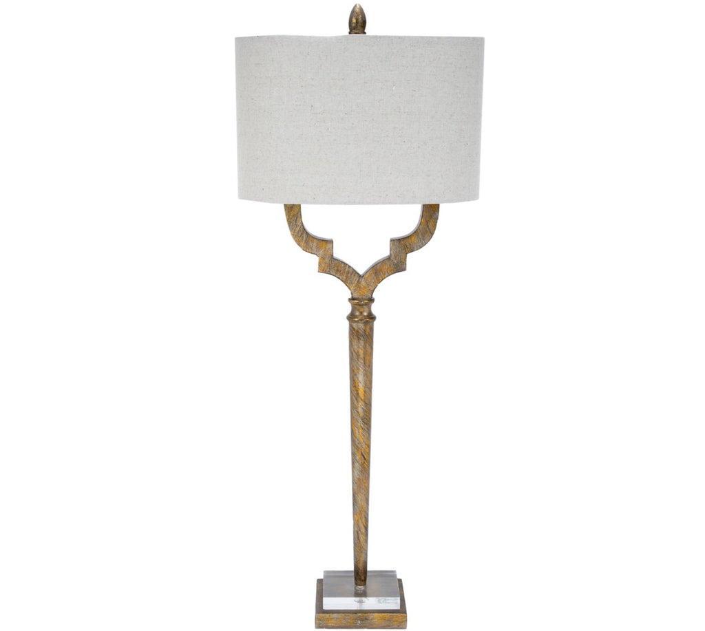 CHAMPAGNE GOLD QUATREFOIL BUFFET LAMP WITH OVAL LINEN SHADE