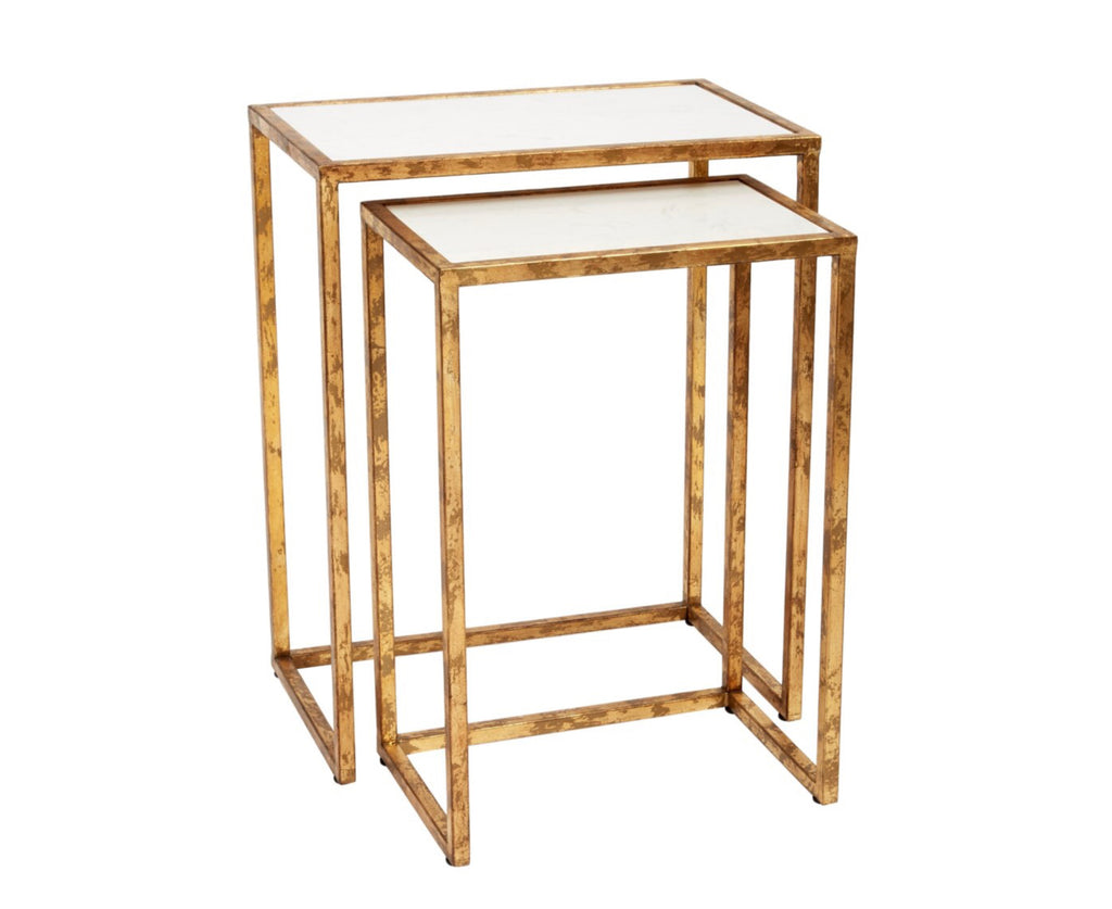 LOYOLA AGED GOLD AND WHITE MARBLE TOPPED NESTING TABLES