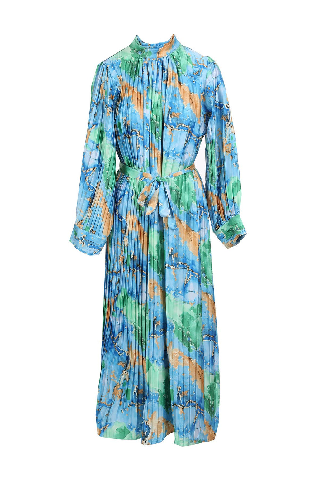Multicolor Print Pleated Maxi Dress OC3869: ALL / Blue