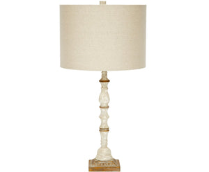 FRENCH WHITE & AGED GOLD LIDIA LAMP WITH LIGHT LINEN SHADE