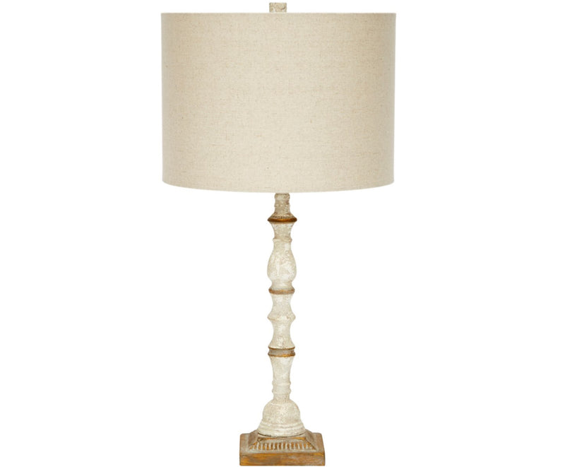 FRENCH WHITE & AGED GOLD LIDIA LAMP WITH LIGHT LINEN SHADE
