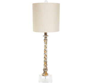 AGED GOLD AND SILVER PEYTON TWIST LAMP WITH LUCITE BASE & LIGHT GREY LINEN SHADE