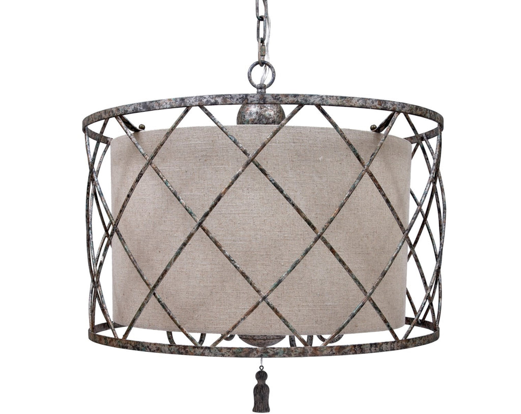 OPEN WEAVE CHANDELIER WITH LARGE LINEN SHADE